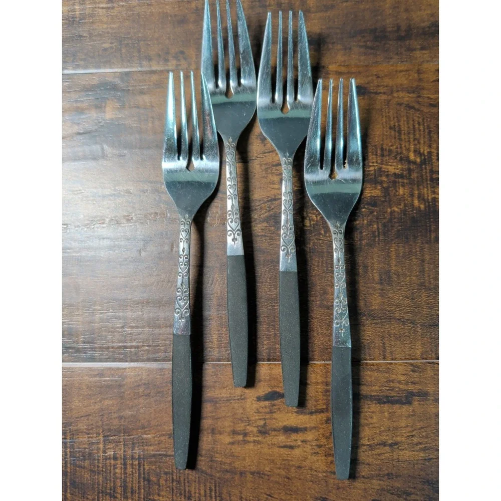 Lot of‎ 4 Interpur Japan INR2 Pattern Salad Forks Stainless w/ Black Handles